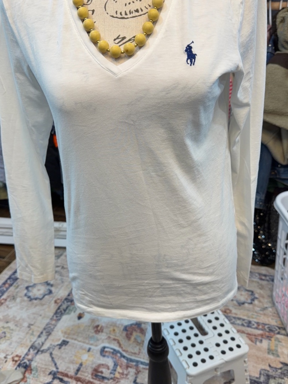Ralph Lauren White V-Neck Long Sleeve Tee with Navy Pony